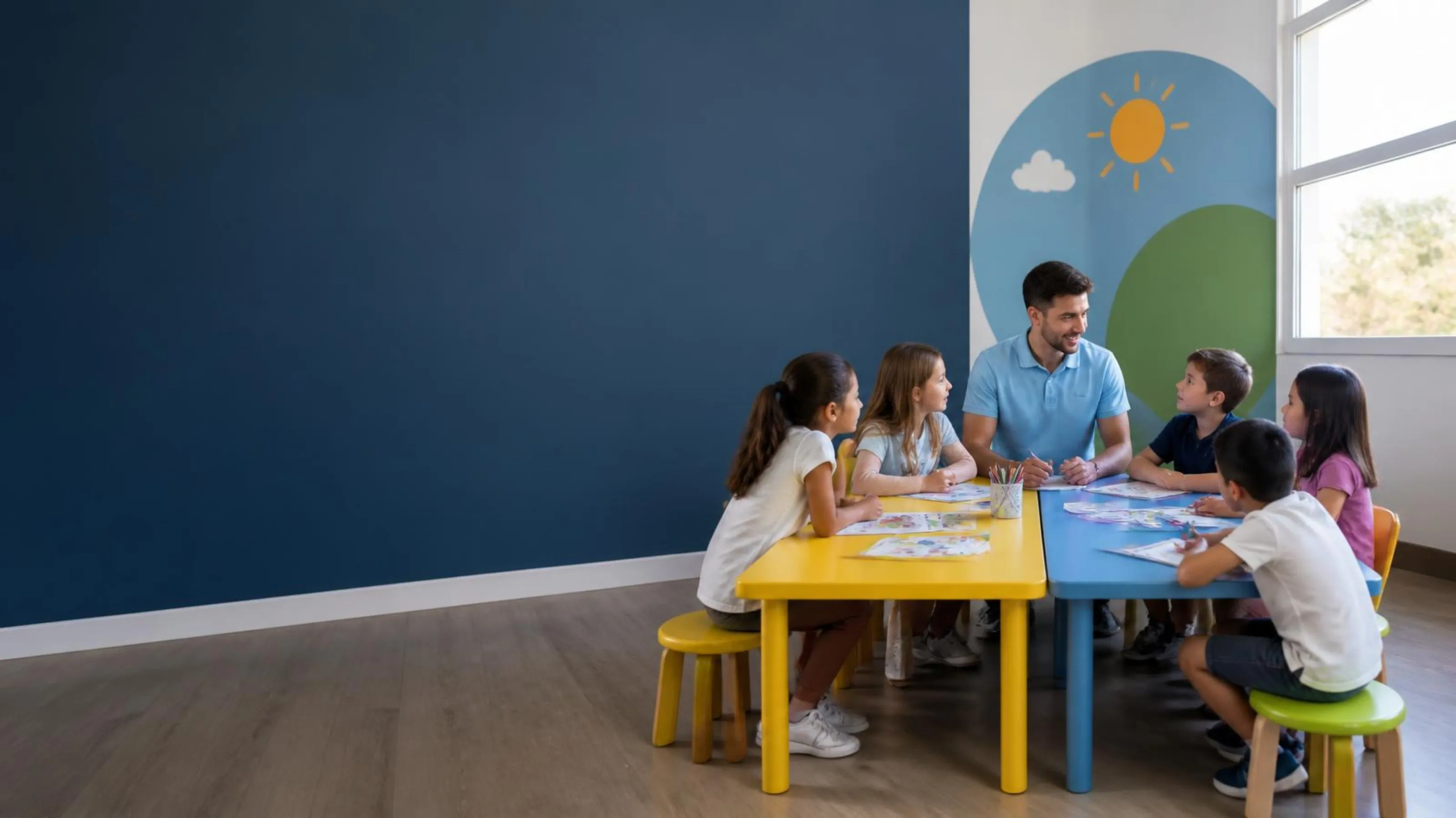 Grupo de niños trabajando con su formador en un aula de colores