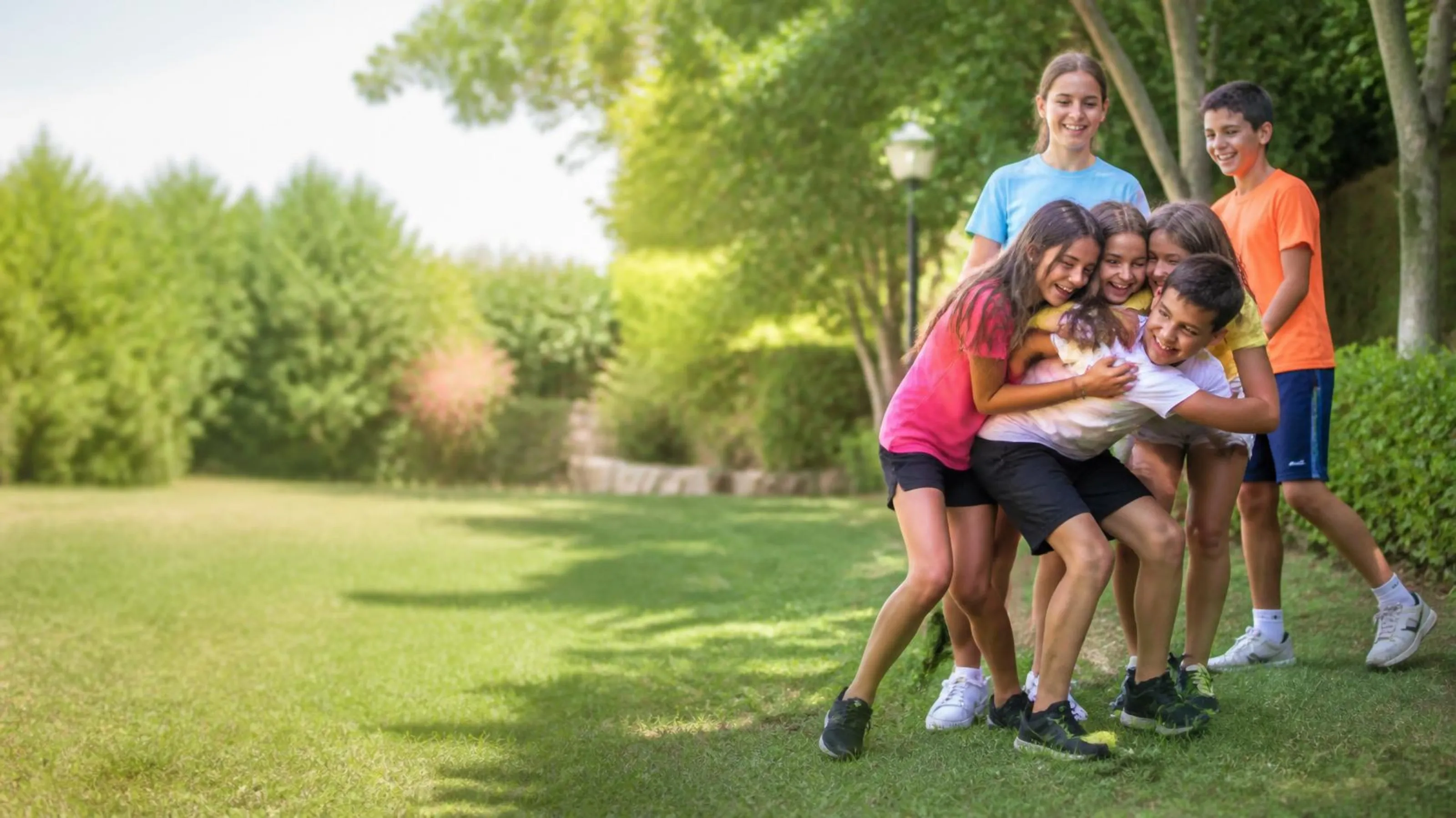 Niños y adolescentes jugando en el jardín del campamento de verano